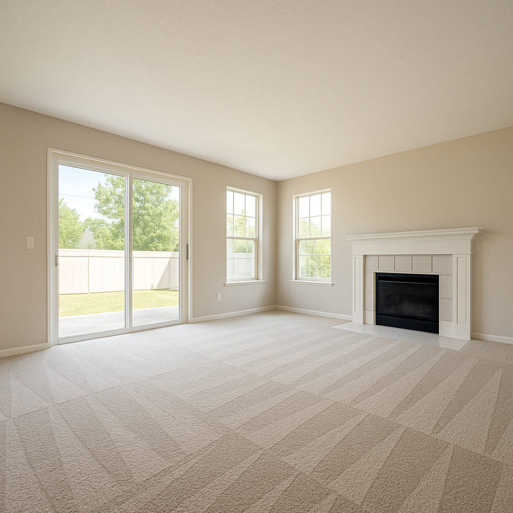 Bright empty Omaha living room with freshly vacuumed carpet and sparkling windows after professional move-out cleaning by Triple J Cleaning of Omaha