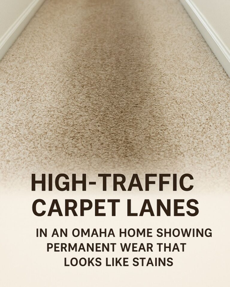 High-traffic carpet lanes in an Omaha home showing permanent wear that looks like stains — explained by Triple J Cleaning of Omaha.