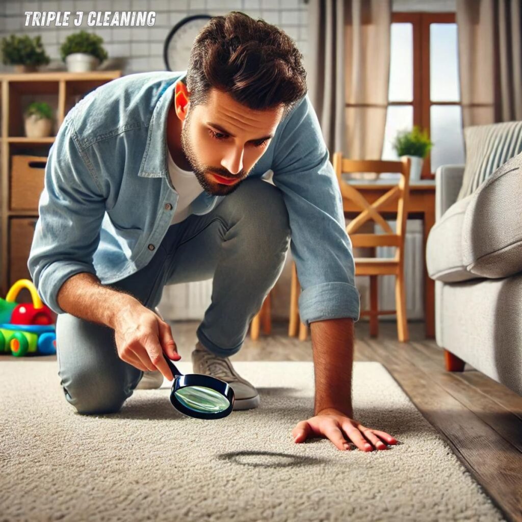 Omaha homeowner inspecting carpet for hidden pet stains—Triple J Cleaning uses kid- and pet-safe carpet cleaning methods