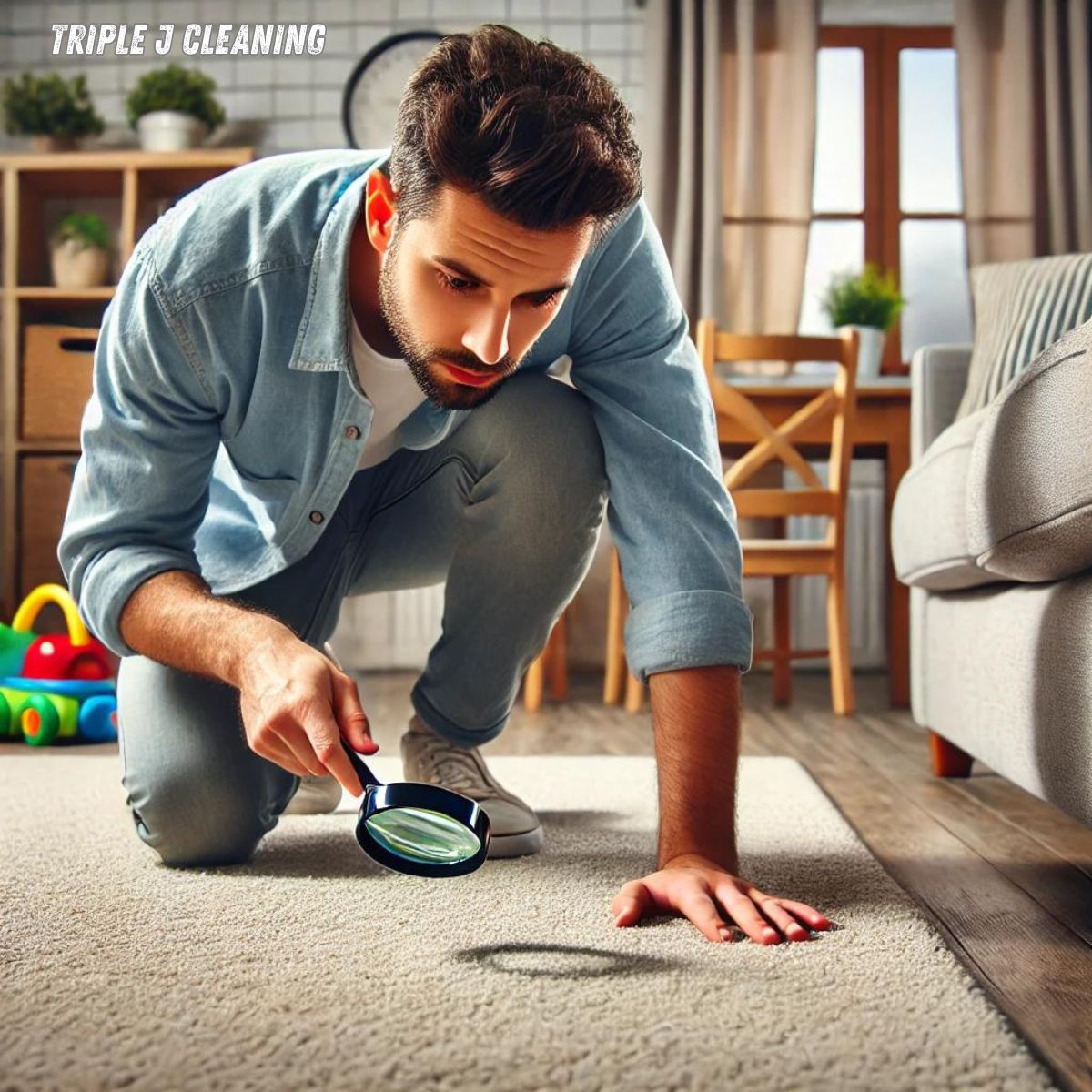 Omaha homeowner inspecting carpet for hidden pet stains—Triple J Cleaning uses kid- and pet-safe carpet cleaning methods
