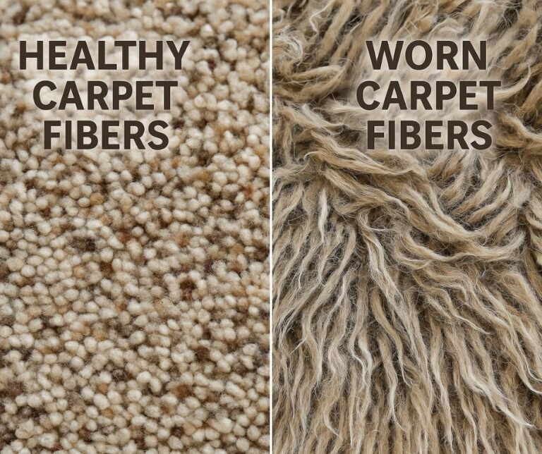 Side-by-side comparison of healthy carpet fibers vs worn carpet fibers — Triple J Cleaning of Omaha explains why some carpet spots never disappear after professional cleaning.