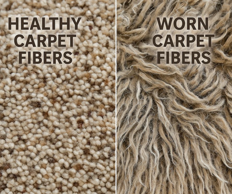 Side-by-side comparison of healthy carpet fibers vs worn carpet fibers — Triple J Cleaning of Omaha explains why some carpet spots never disappear after professional cleaning.