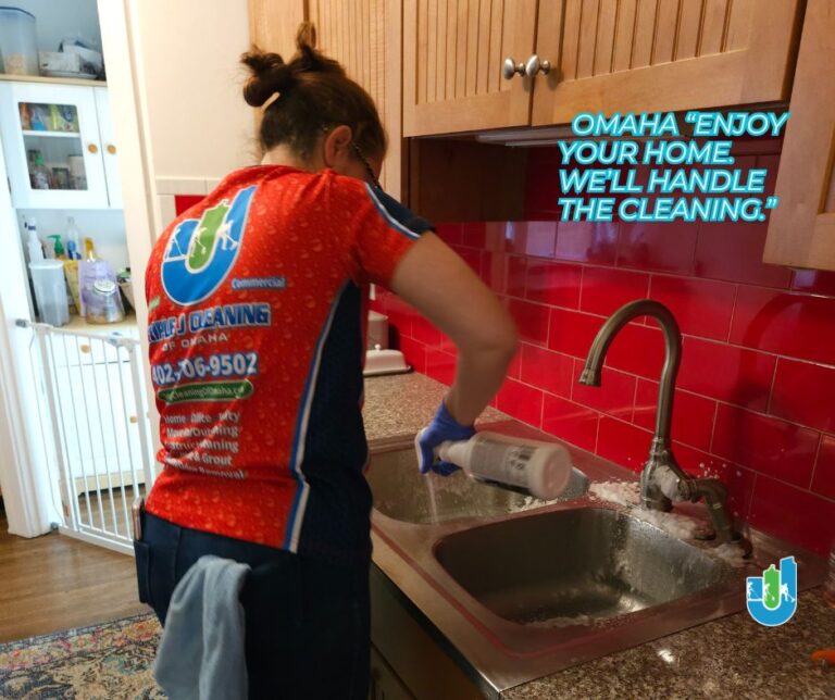 Triple J Cleaning of Omaha NE completes deep cleaning services on a residential kitchen with stainless steel appliances and white cabinets in West Omaha. Professional maid service results that are sparkling clean.